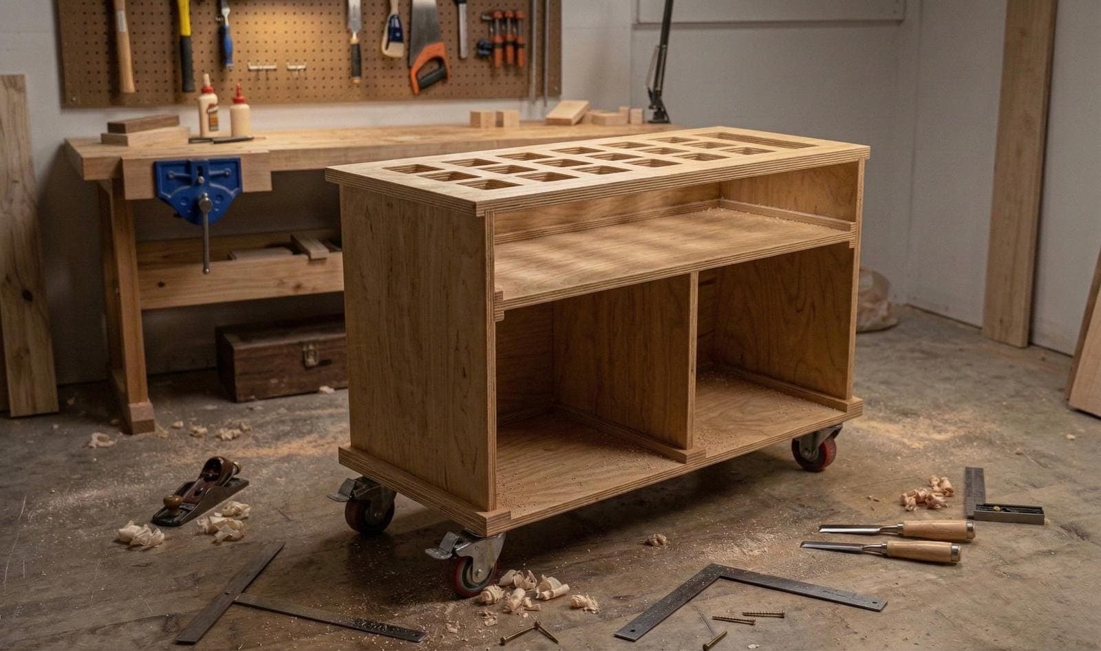 DIY Mobile Bar Cart Plan — 3D exploded assembly view