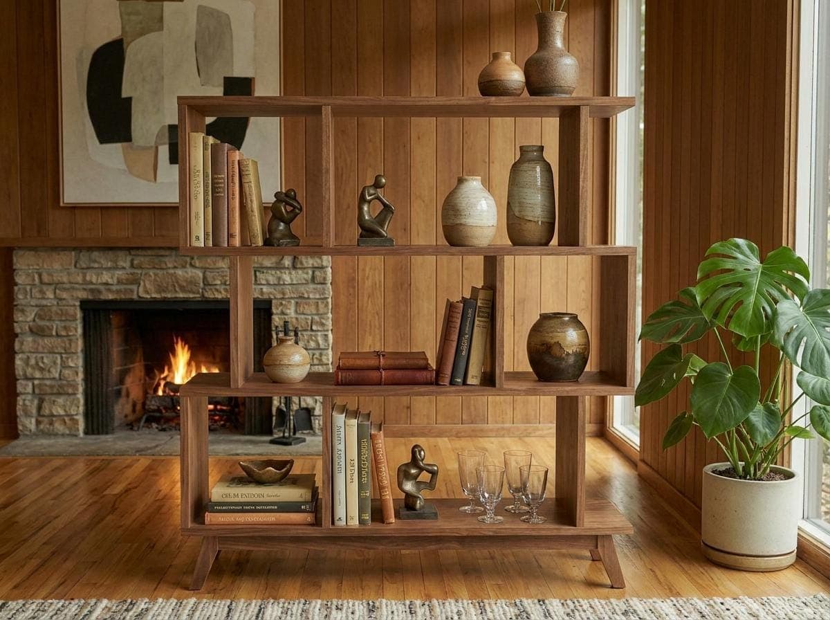 Mid-Century Modern Bookshelf Plans — Step-by-step 3D assembly diagram