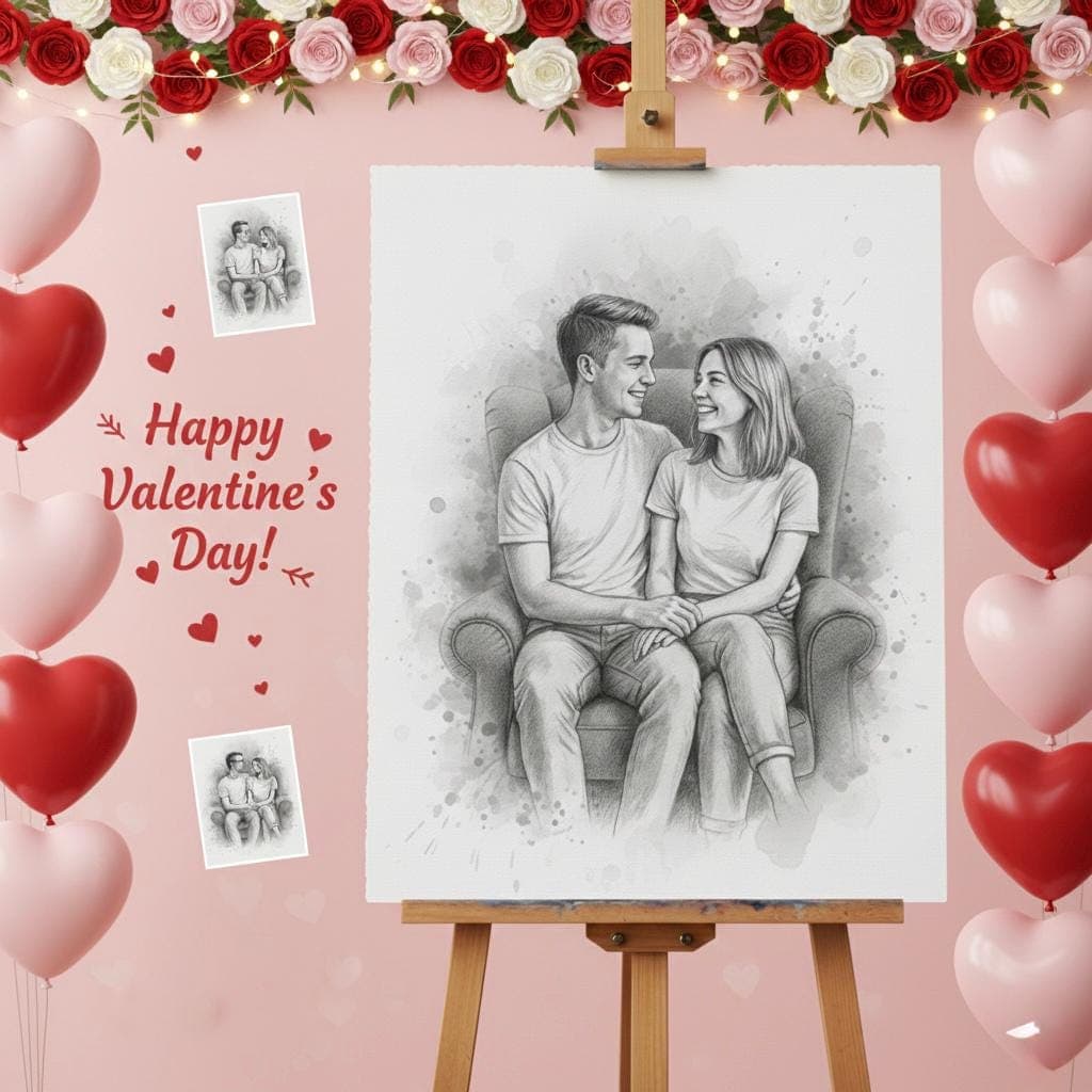 Custom Couple Portrait - Romantic Pencil Sketch — 3D exploded assembly view