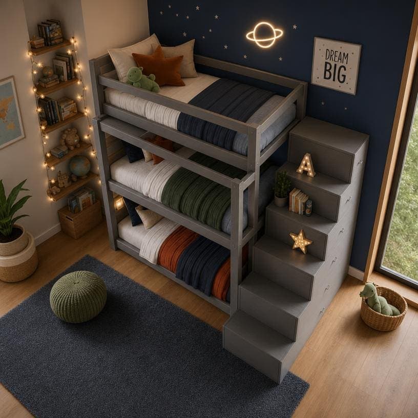 Triple Bunk Bed Plans with Storage Stairs — Finished build photo