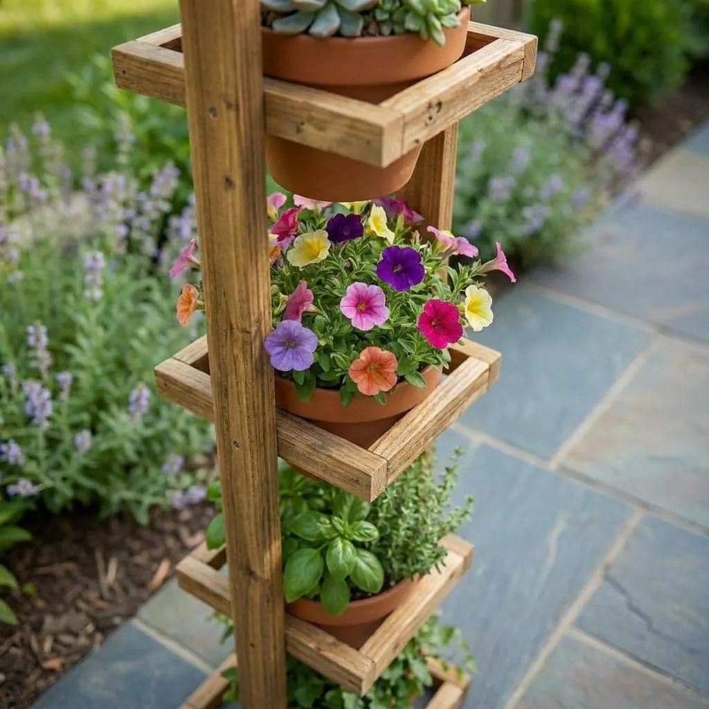 3-Tier Farmhouse Planter Stand Plans — 3D exploded assembly view