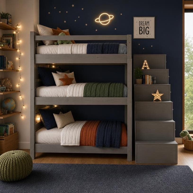 Triple Bunk Bed Plans with Storage Stairs — Step-by-Step DIY Woodworking Plans PDF Blueprint