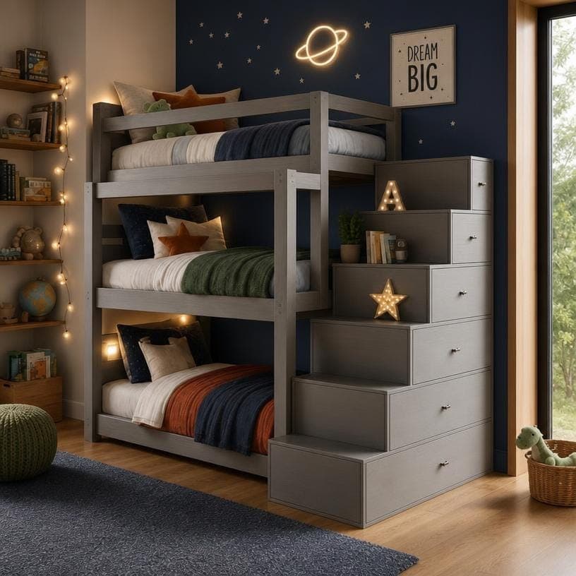 Triple Bunk Bed Plans with Storage Stairs — Cut list and material detail