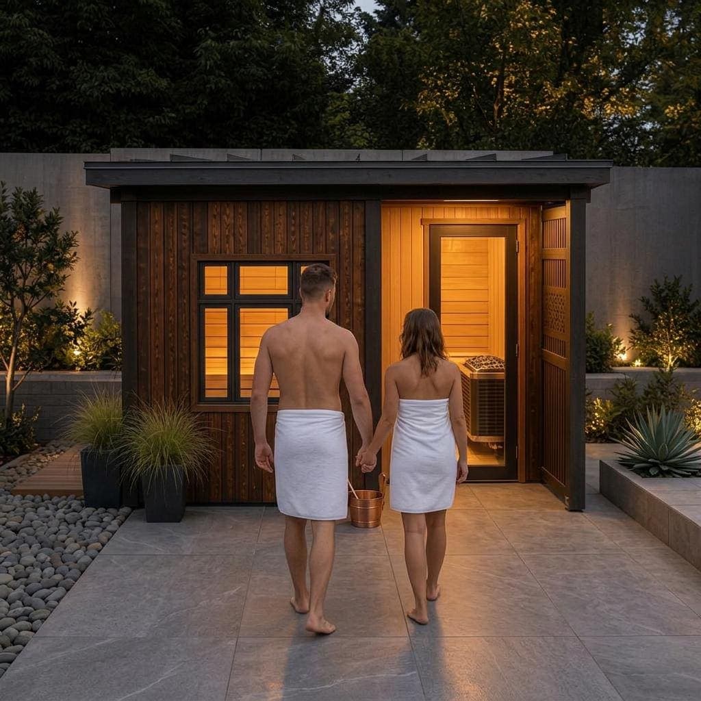 Modern Outdoor Sauna Plans — 3D exploded assembly view
