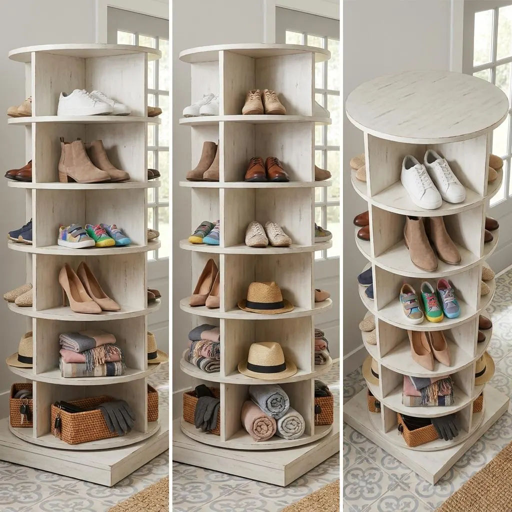DIY Rotating Shoe Rack Plans — 3D exploded assembly view