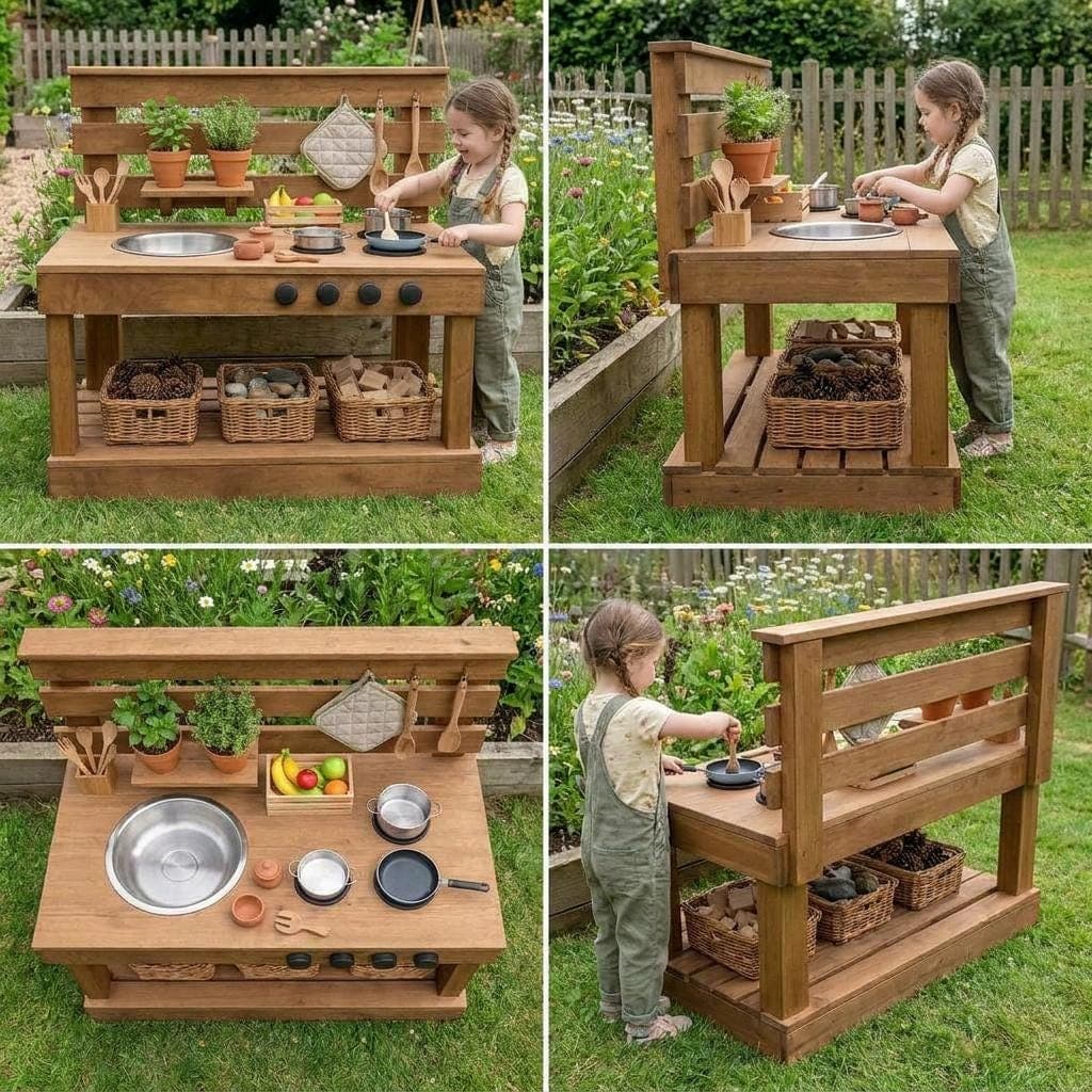 Easy DIY Mud Kitchen Plans — 3D exploded assembly view