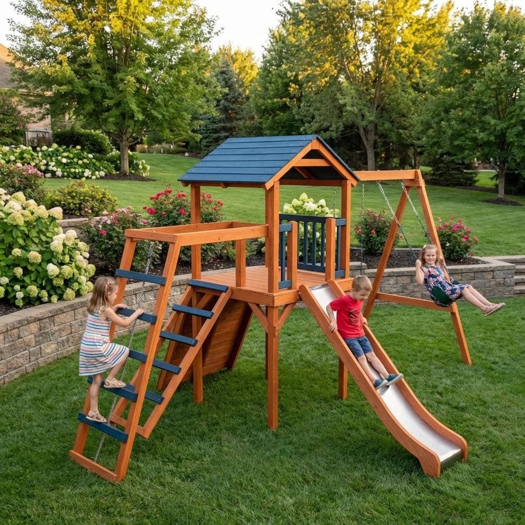 DIY Wooden Playhouse Plans with Slide and Swings — 3D exploded assembly view