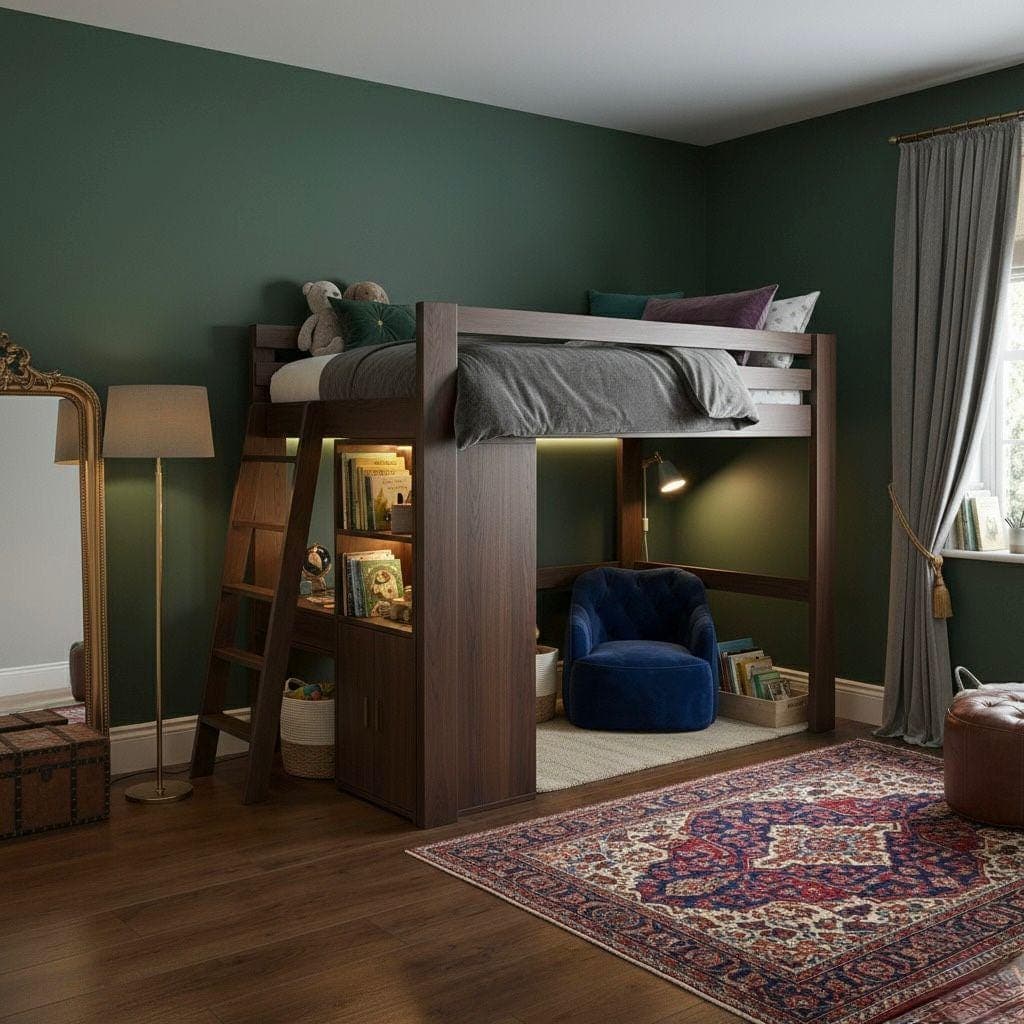 Twin Loft Bed Plans with Stairs & Desk — 3D exploded assembly view