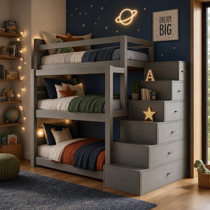 Triple Bunk Bed Plans with Storage Stairs — 3D exploded assembly view