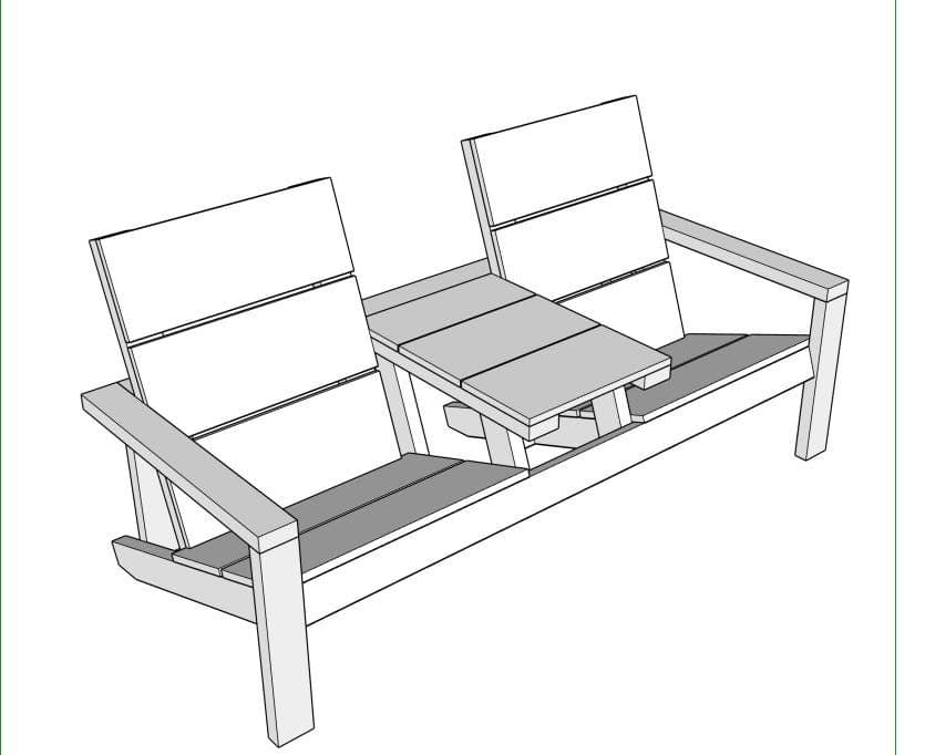 Double Garden Chair Bench Plans — 3D exploded assembly view