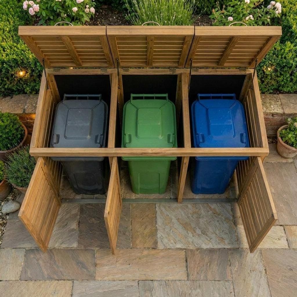 Triple Wheelie Bin Storage Plans — 3D exploded assembly view