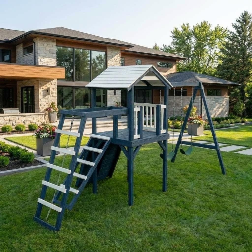 DIY Wooden Playhouse Plans with Slide and Swings — Step-by-Step DIY Woodworking Plans PDF Blueprint