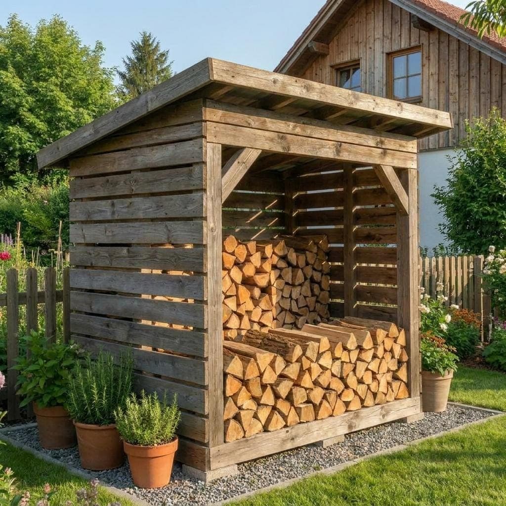 Modern Firewood Shed Plan — 3D exploded assembly view