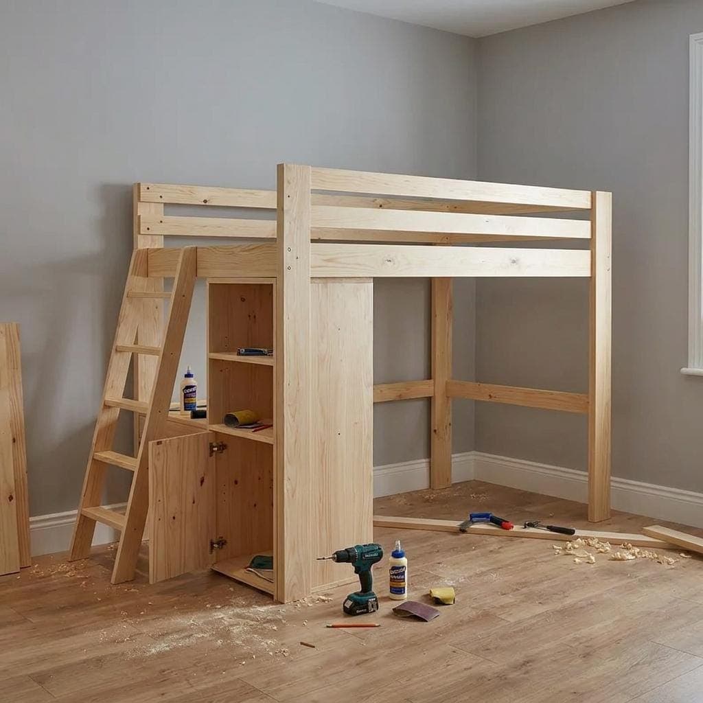DIY Full Size Loft Bed Plans — 3D exploded assembly view