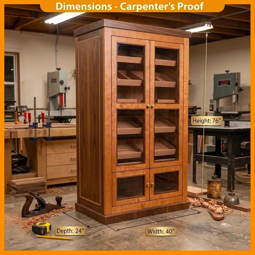 Large Cigar Humidor Cabinet Plan — 3D exploded assembly view