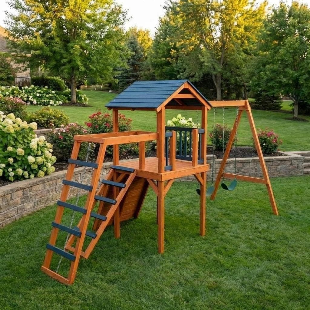 DIY Wooden Playhouse Plans with Slide and Swings — Finished build photo