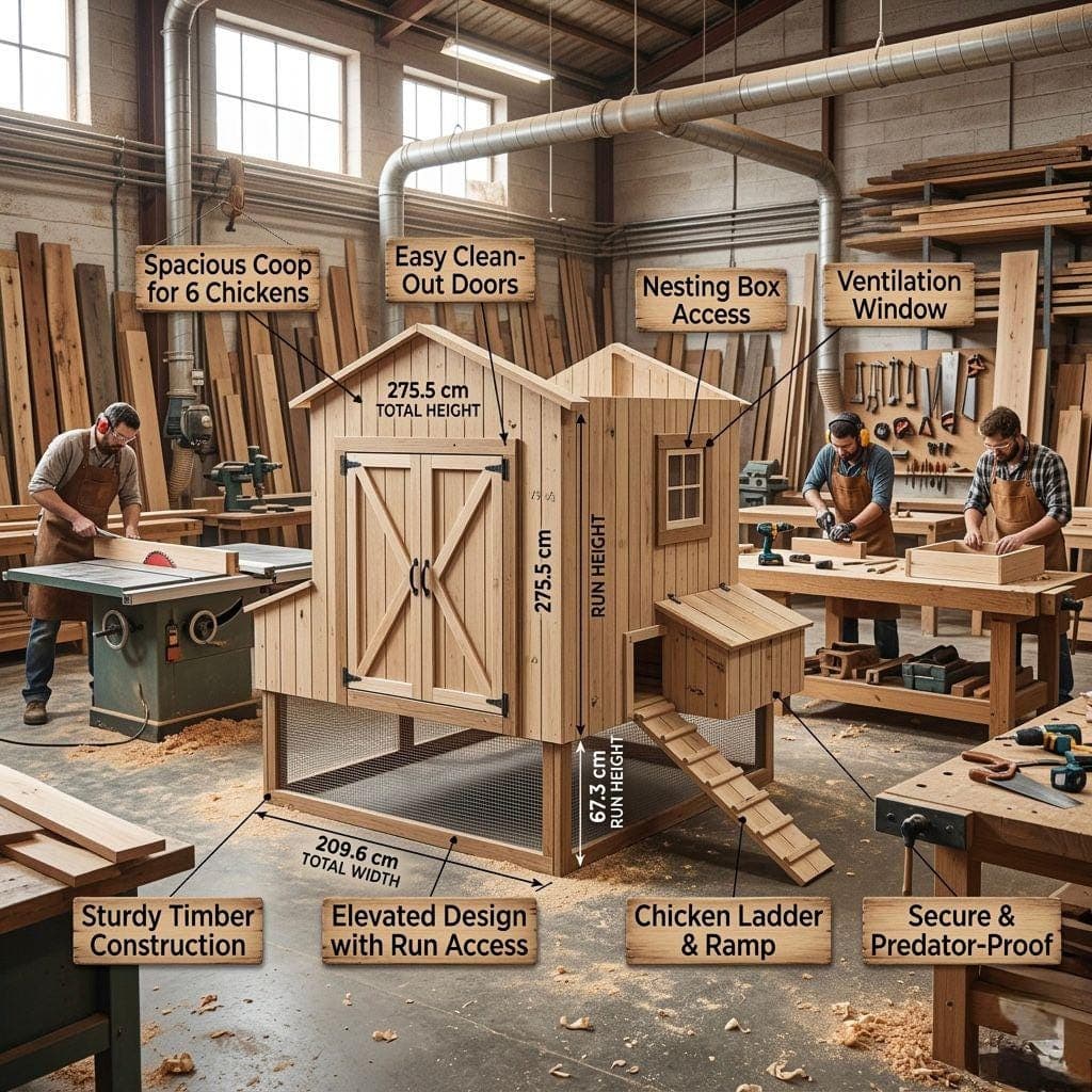 DIY Raised Chicken Coop Plans — Step-by-step 3D assembly diagram