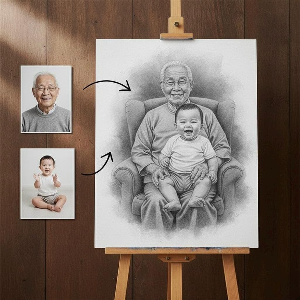 Custom Memorial Portrait From Photos — 3D exploded assembly view