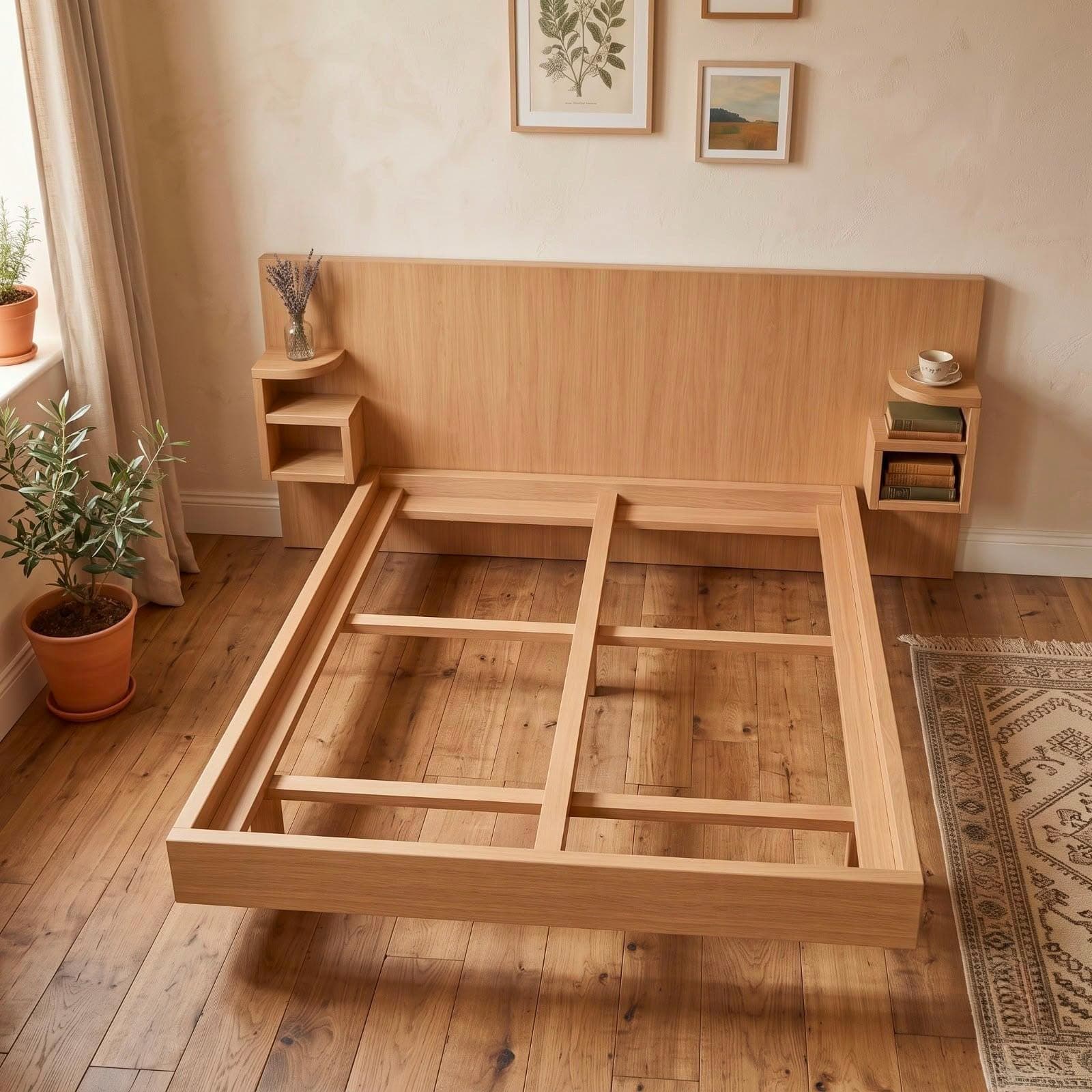 Modern Platform Bed Frame Plan — 3D exploded assembly view