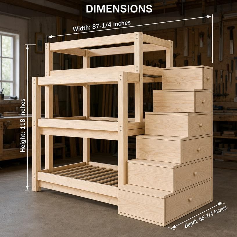 Triple Bunk Bed Plans with Storage Stairs — Step-by-step 3D assembly diagram