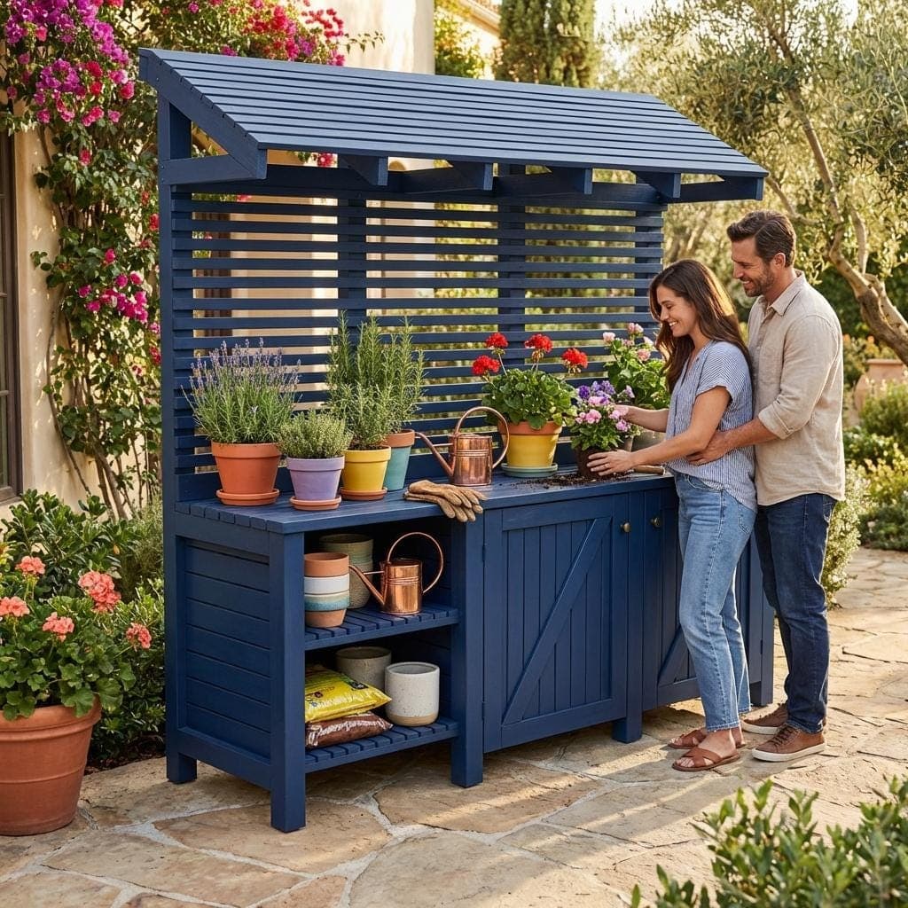 DIY Potting Bench Plans with Storage — 3D exploded assembly view