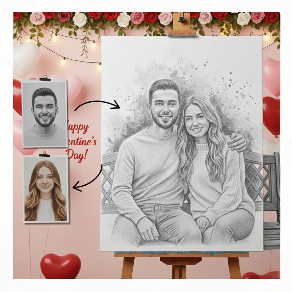 Custom Couple Portrait - Romantic Pencil Sketch — Step-by-step 3D assembly diagram