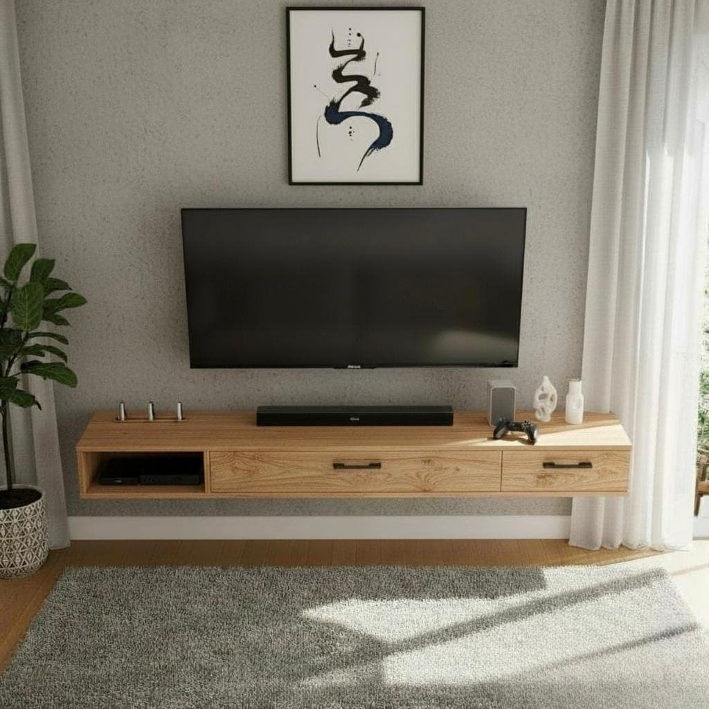 DIY Floating TV Console Plan — 3D exploded assembly view