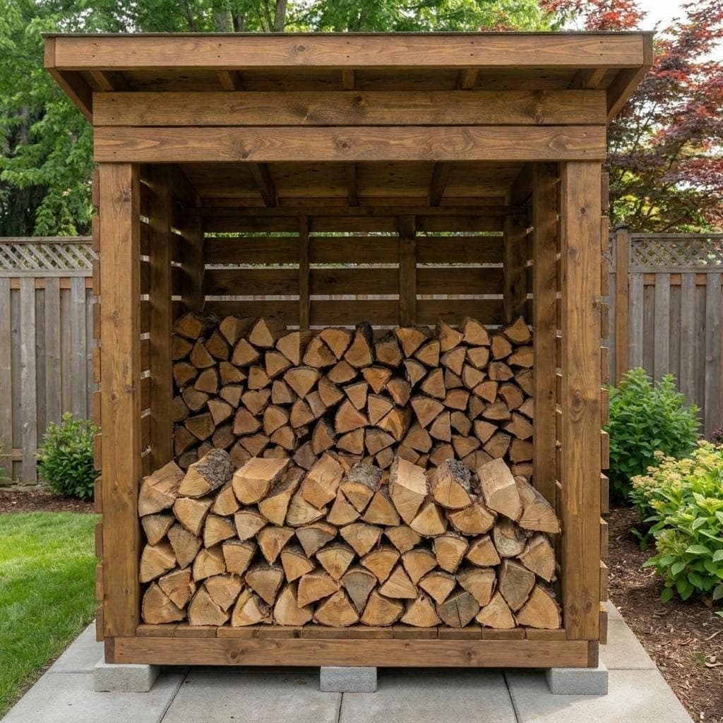 Modern Firewood Shed Plan — 3D exploded assembly view