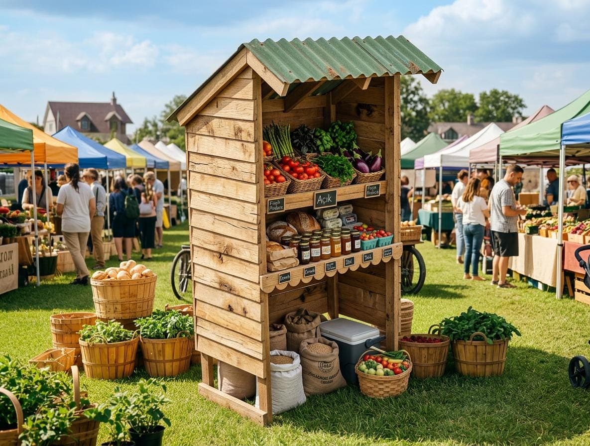 DIY Wooden Farm Stand Plans PDF — 3D exploded assembly view