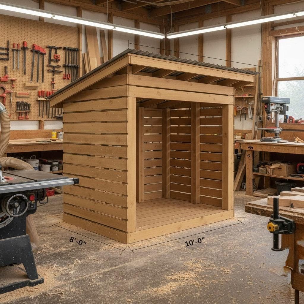 Modern Firewood Shed Plan — Step-by-step 3D assembly diagram