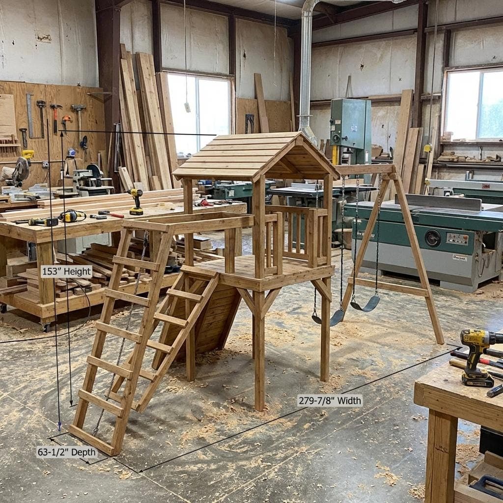 DIY Wooden Playhouse Plans with Slide and Swings — Step-by-step 3D assembly diagram