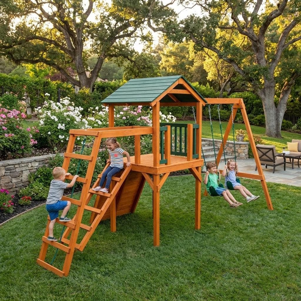 DIY Wooden Playhouse Plans with Slide and Swings — Cut list and material detail